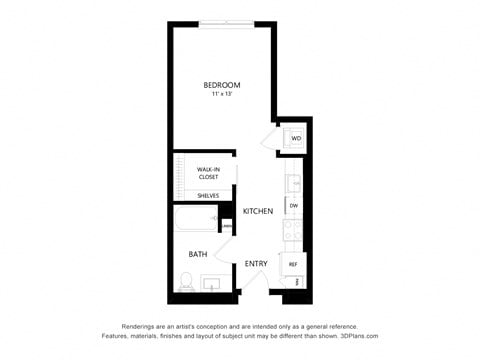 Floor plan for studio, 1 bath, 458 sqft